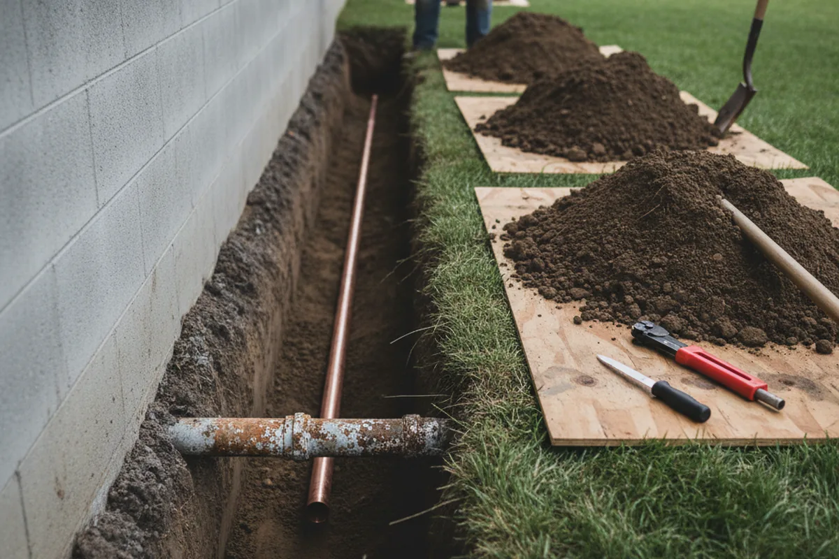 Excavated water line trench during Water Heater Repair in Perryman